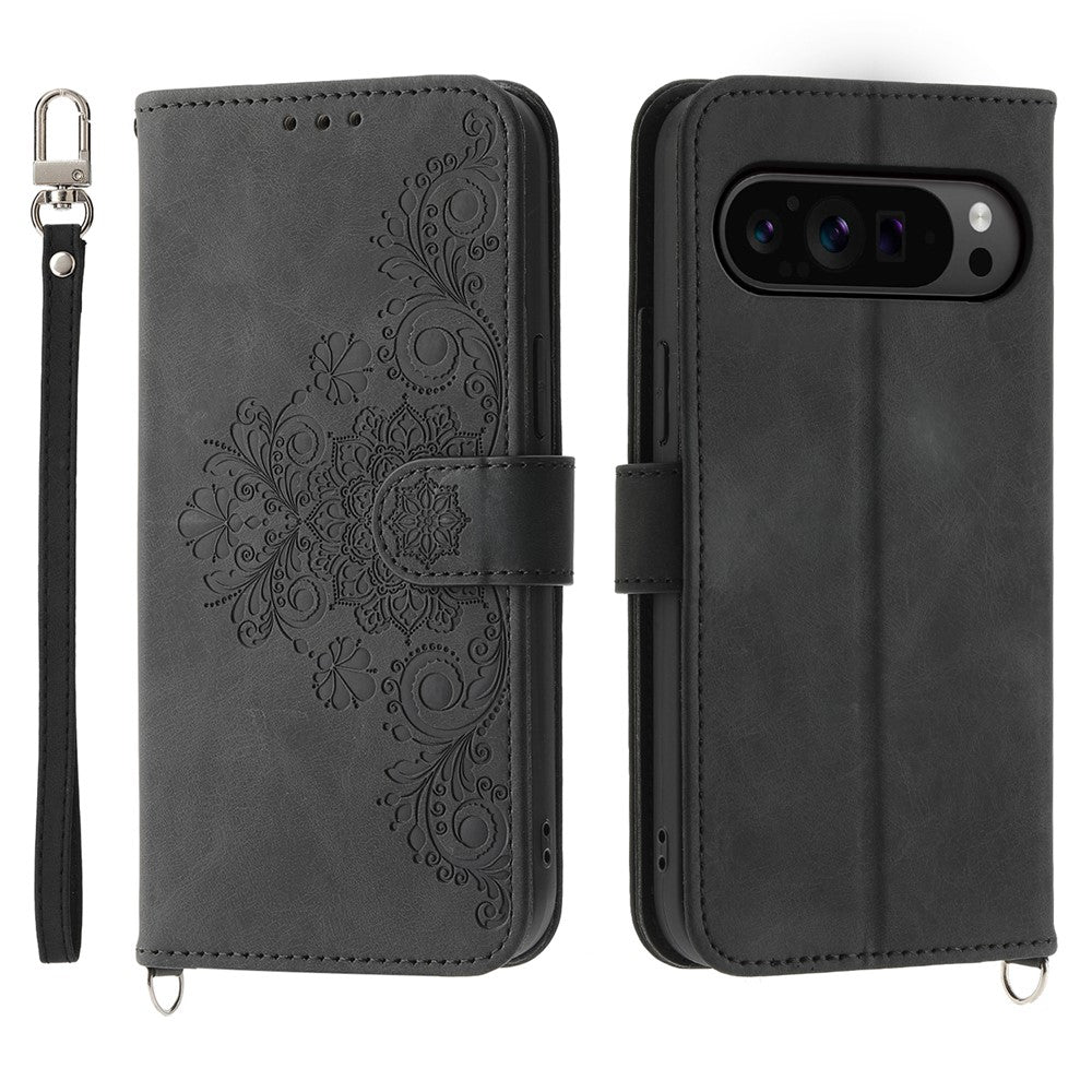 For Google Pixel 11 Pro XL Wallet Case Flower Pattern PU Leather Phone Cover with Strap
