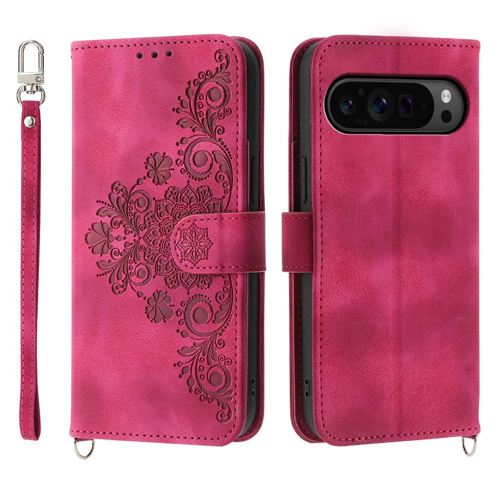 For Google Pixel 11 Pro XL Wallet Case Flower Pattern PU Leather Phone Cover with Strap