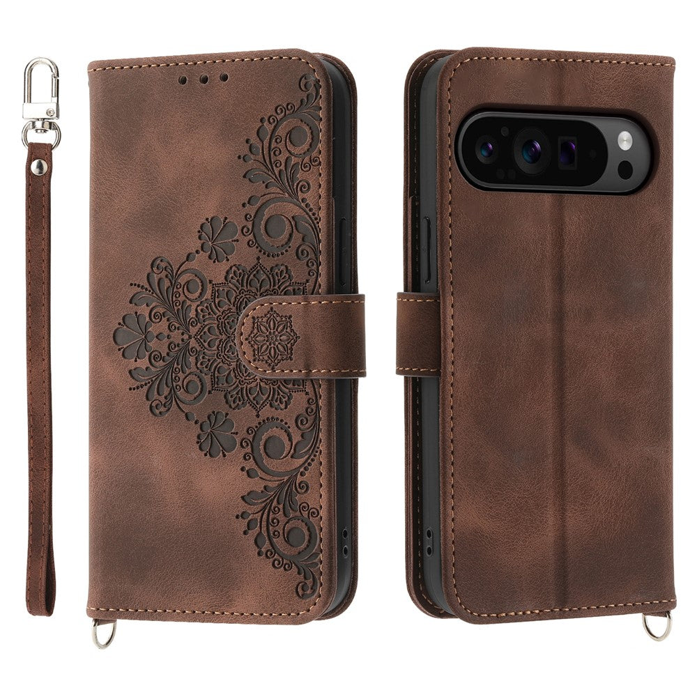 For Google Pixel 11 Pro XL Wallet Case Flower Pattern PU Leather Phone Cover with Strap