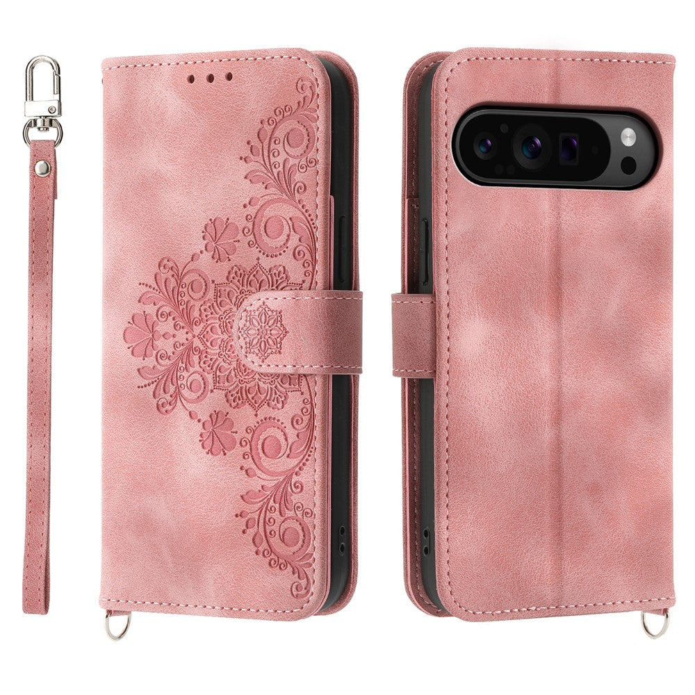 For Google Pixel 11 Pro XL Wallet Case Flower Pattern PU Leather Phone Cover with Strap