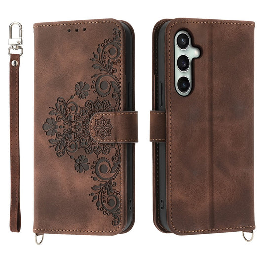 Galaxy S26 FE Handyhülle – Brieftaschenetui mit Blumenmuster aus PU-Leder mit Riemen