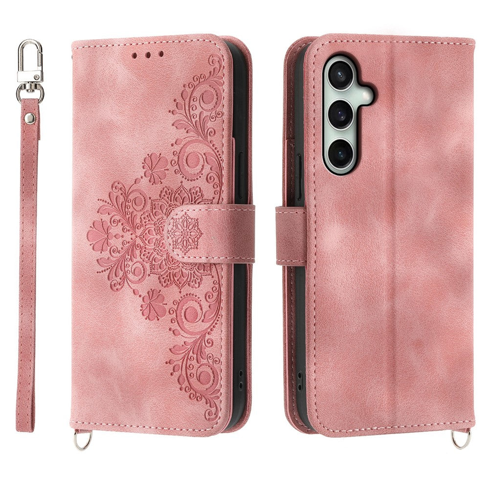 For Samsung Galaxy S26 FE Wallet Case Flower Pattern PU Leather Phone Cover with Strap