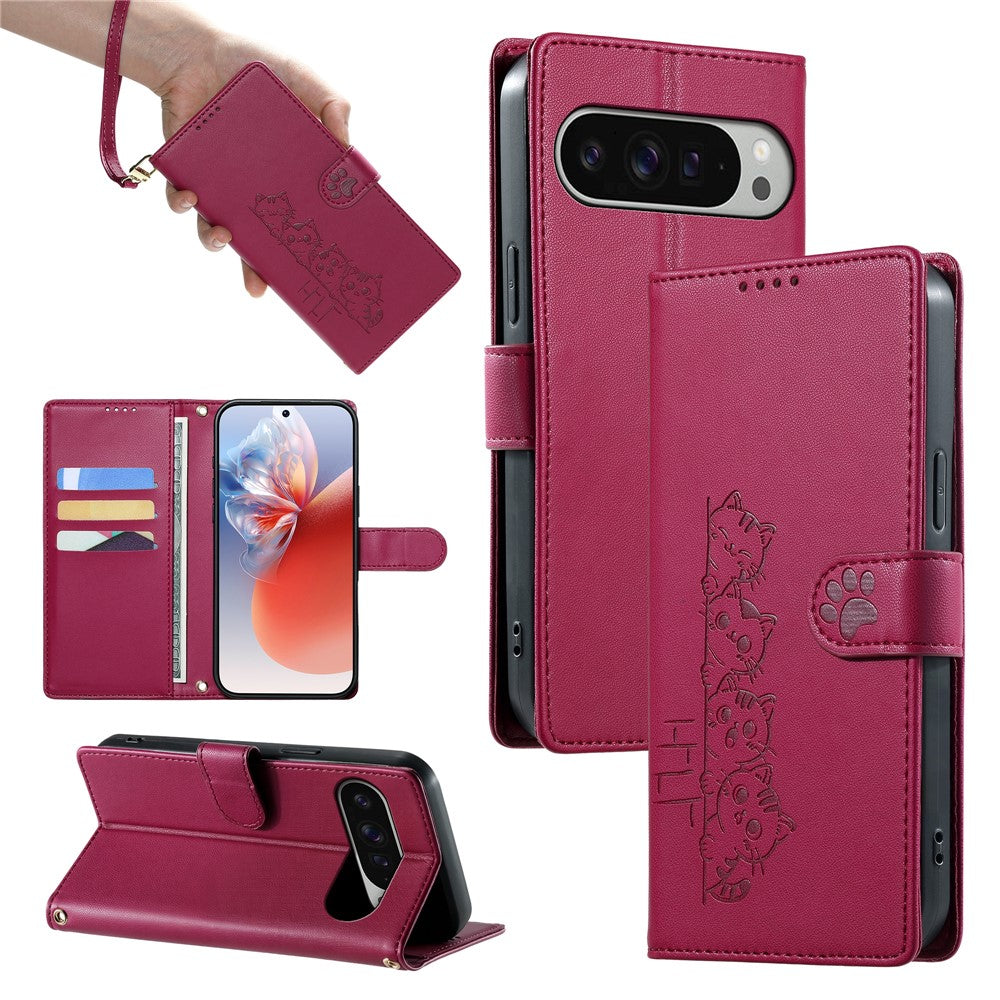 For Google Pixel 11 Pro XL Case Adorable Cat Pattern PU Leather Wallet Phone Cover with Wrist Strap