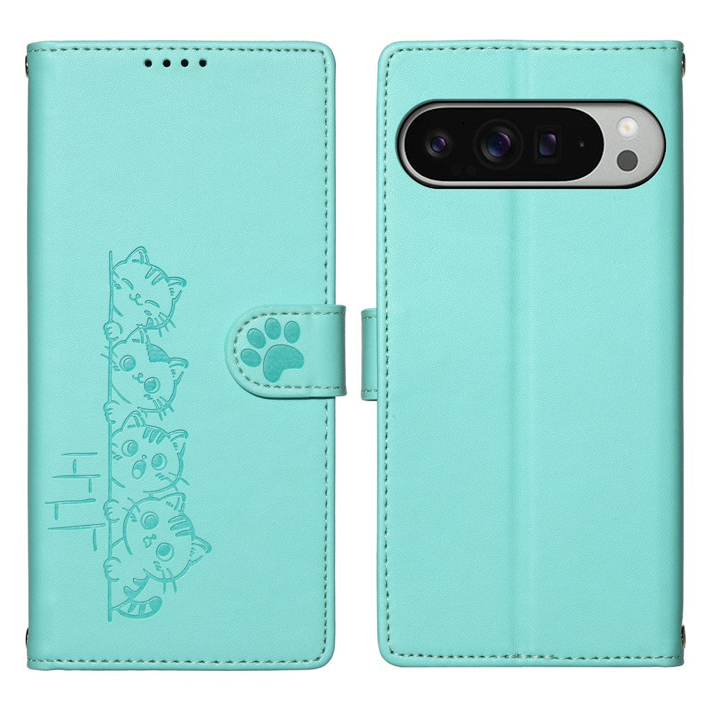 For Google Pixel 11 Pro XL Case Adorable Cat Pattern PU Leather Wallet Phone Cover with Wrist Strap