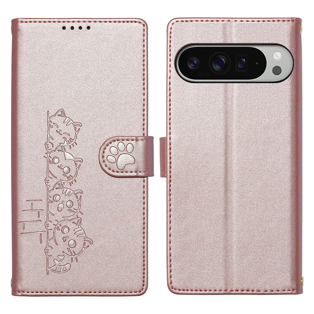 For Google Pixel 11 Pro XL Case Adorable Cat Pattern PU Leather Wallet Phone Cover with Wrist Strap