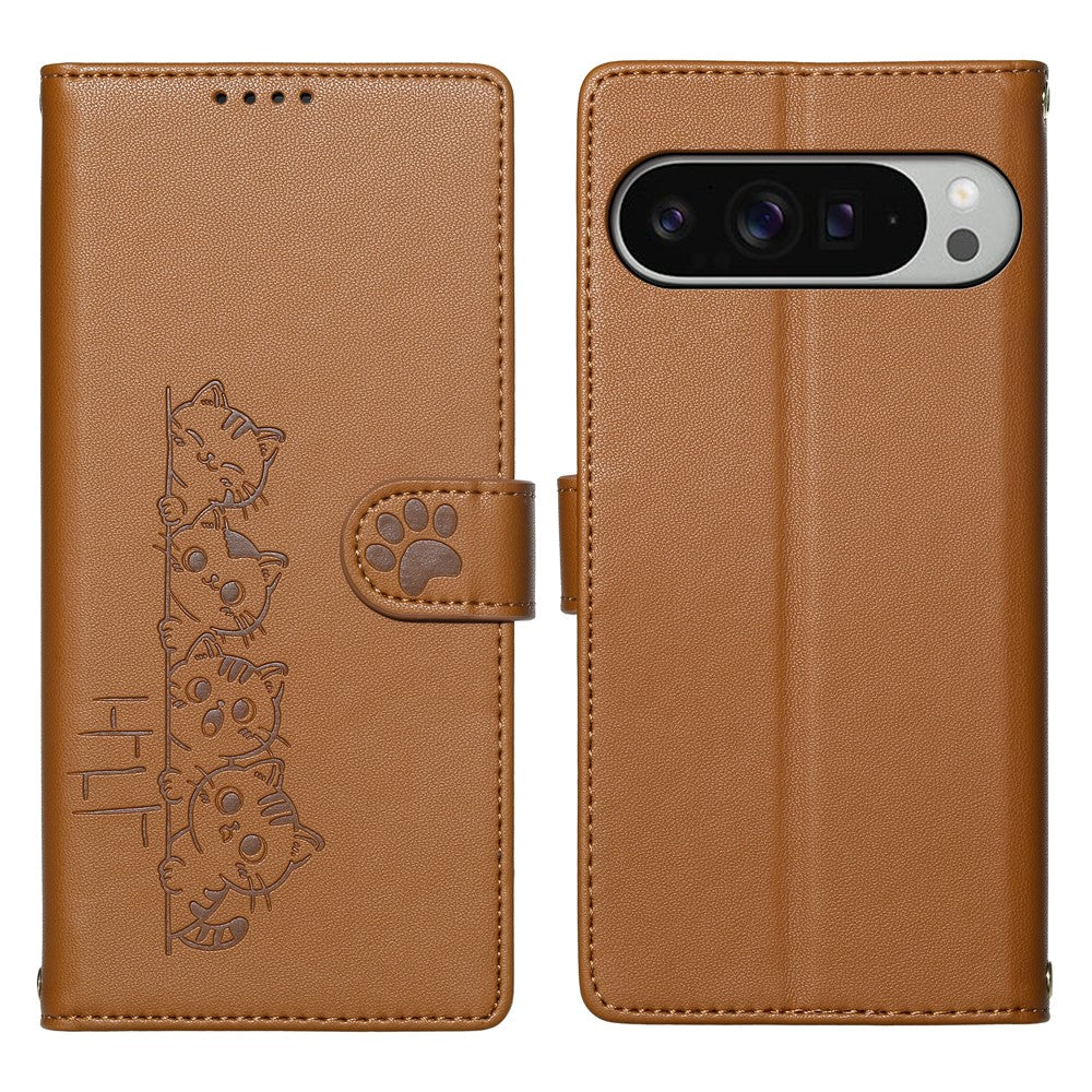 For Google Pixel 11 Pro XL Case Adorable Cat Pattern PU Leather Wallet Phone Cover with Wrist Strap
