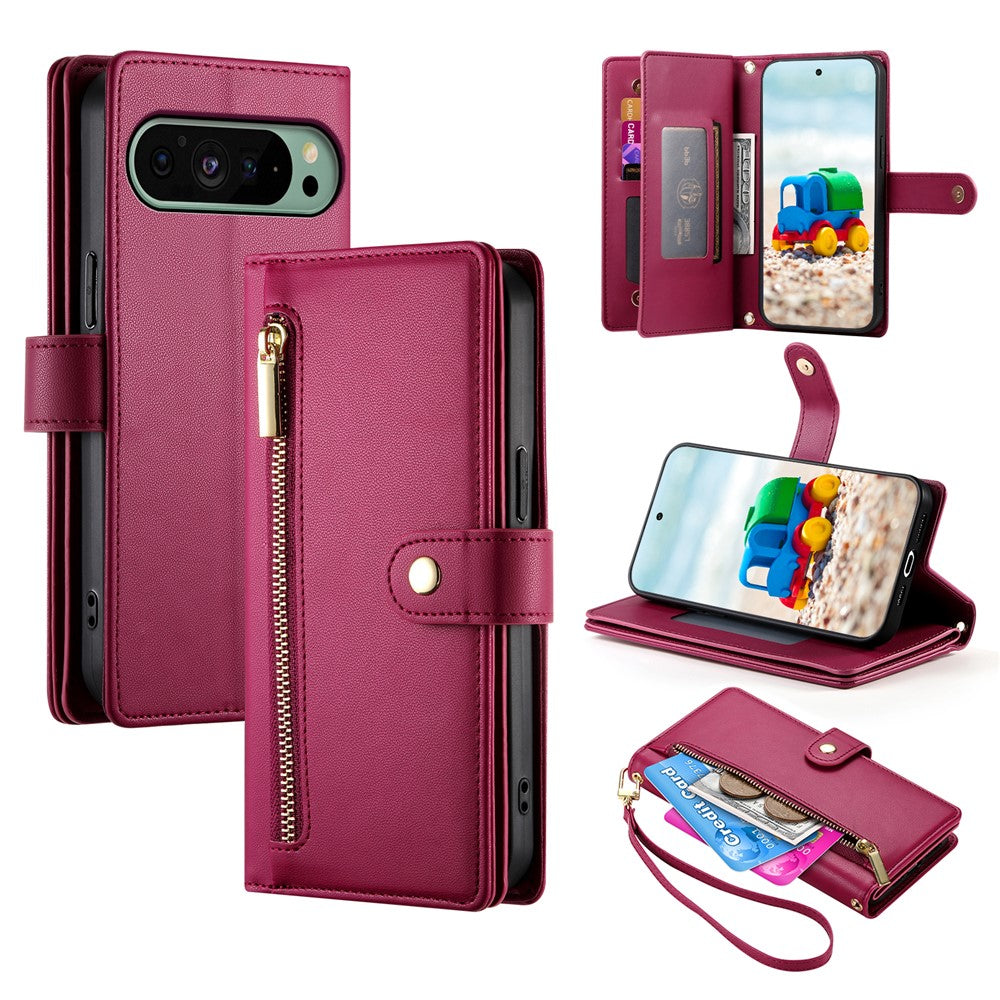 For Google Pixel 11  /  11 Pro Leather Case Zipper Pocket Wallet Phone Cover with Straps