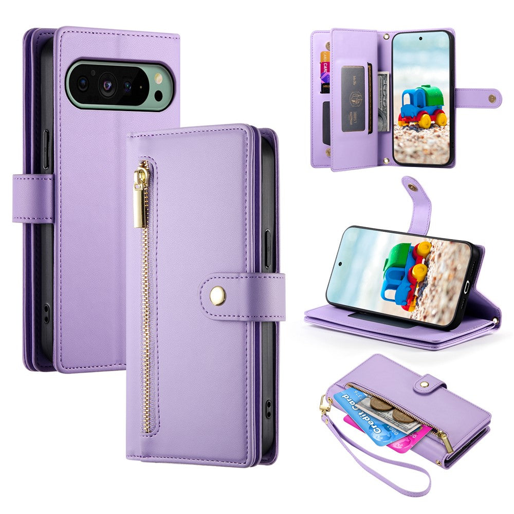 For Google Pixel 11  /  11 Pro Leather Case Zipper Pocket Wallet Phone Cover with Straps