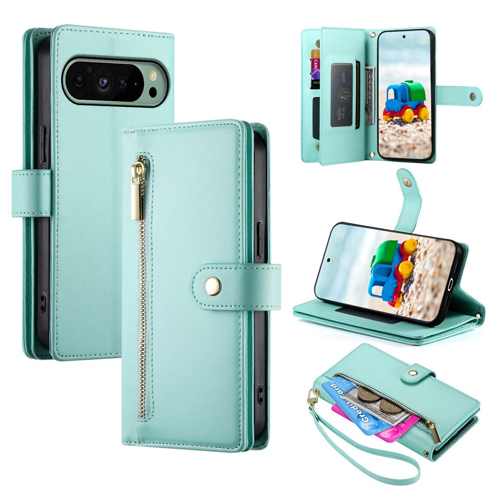 For Google Pixel 11  /  11 Pro Leather Case Zipper Pocket Wallet Phone Cover with Straps