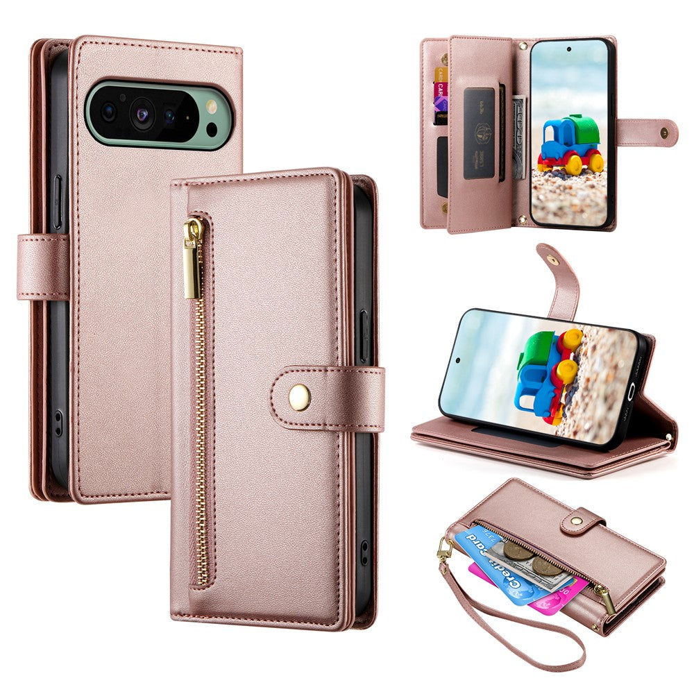 For Google Pixel 11  /  11 Pro Leather Case Zipper Pocket Wallet Phone Cover with Straps