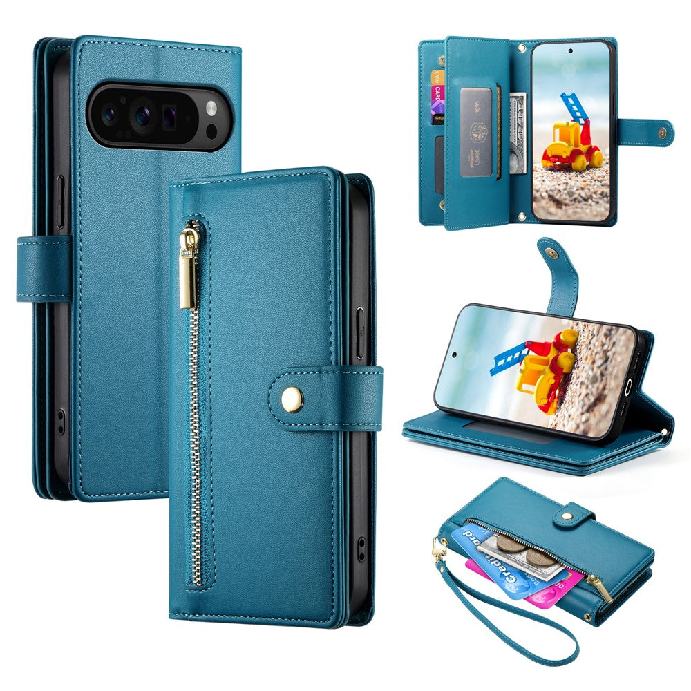For Google Pixel 11 Pro XL Leather Case Zipper Pocket Wallet Phone Cover with Straps