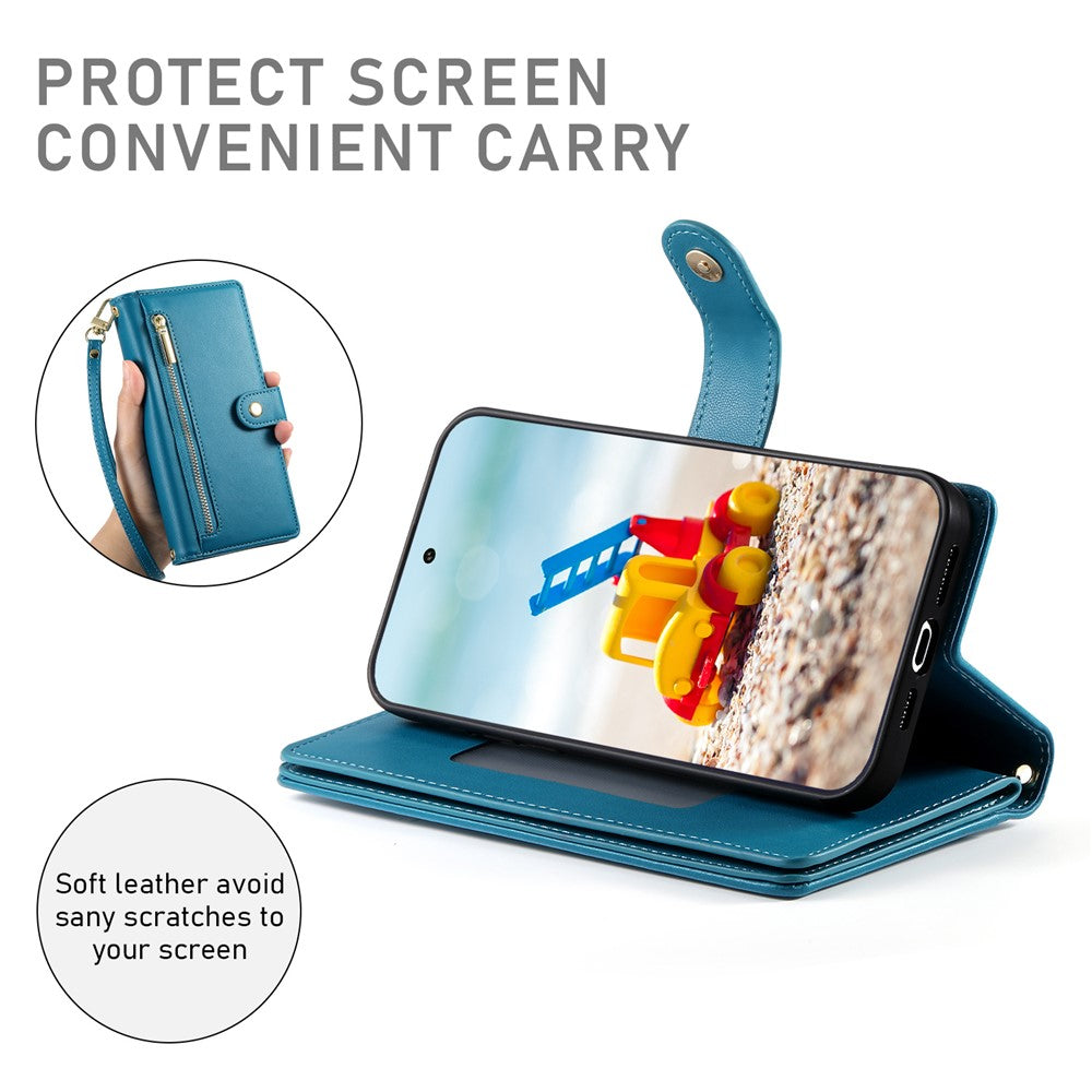 For Google Pixel 11 Pro XL Leather Case Zipper Pocket Wallet Phone Cover with Straps
