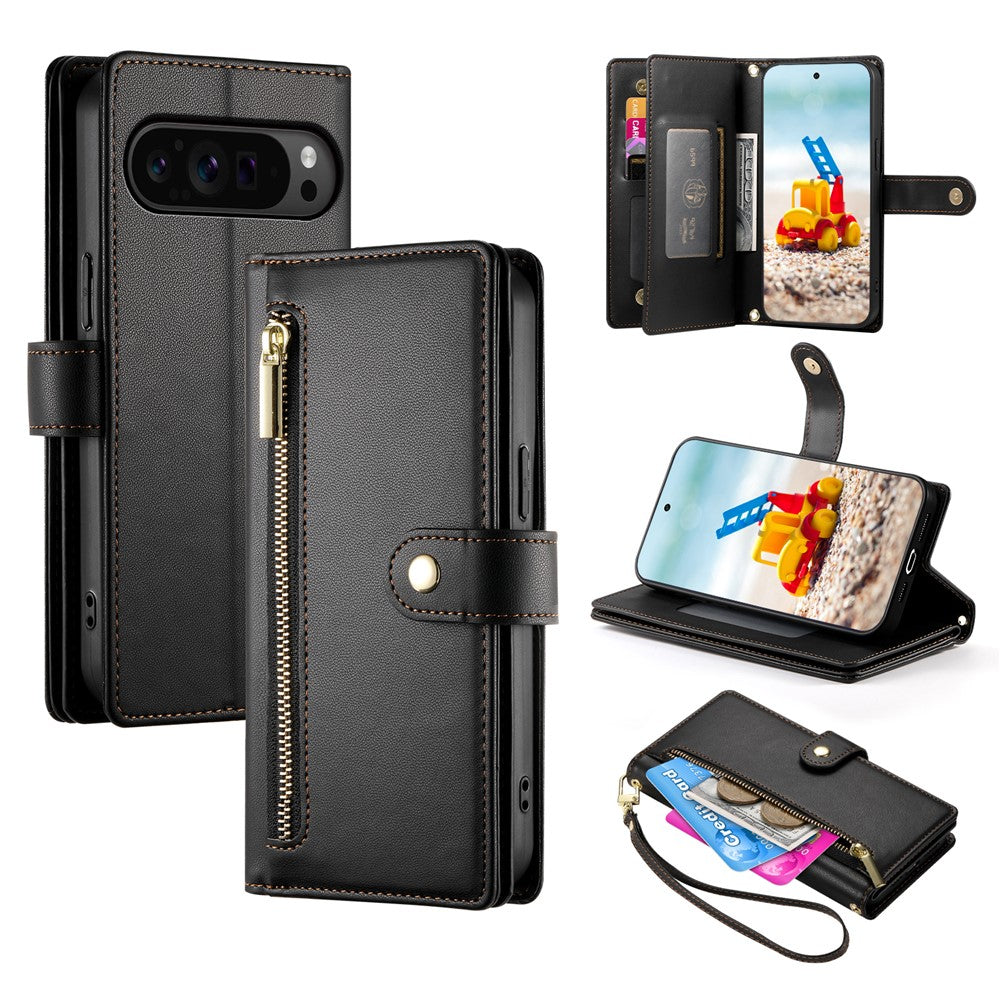 For Google Pixel 11 Pro XL Leather Case Zipper Pocket Wallet Phone Cover with Straps