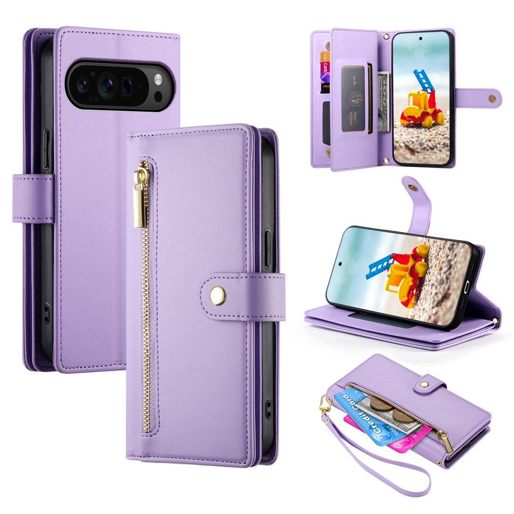 For Google Pixel 11 Pro XL Leather Case Zipper Pocket Wallet Phone Cover with Straps