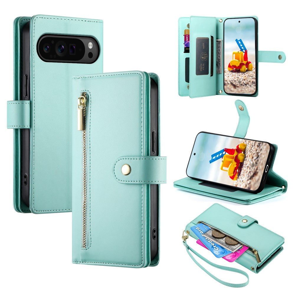 For Google Pixel 11 Pro XL Leather Case Zipper Pocket Wallet Phone Cover with Straps