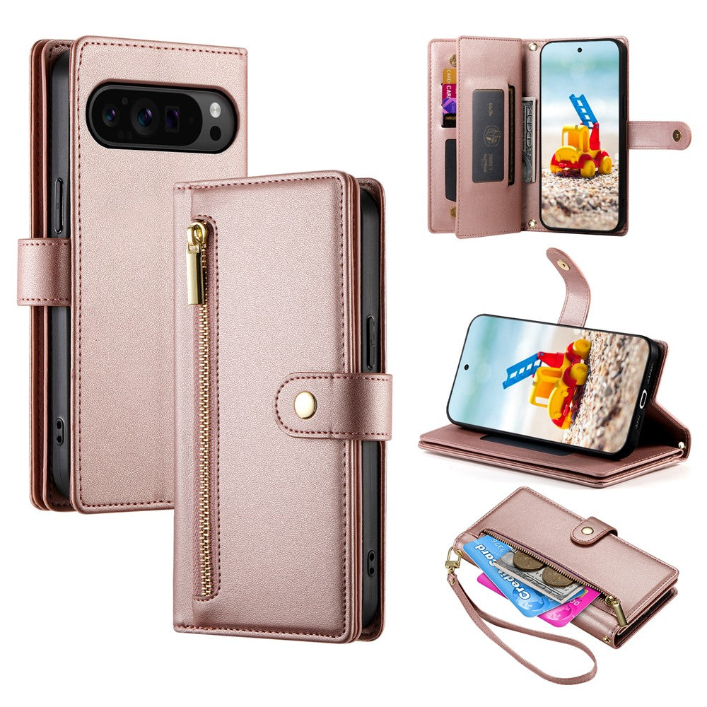 For Google Pixel 11 Pro XL Leather Case Zipper Pocket Wallet Phone Cover with Straps