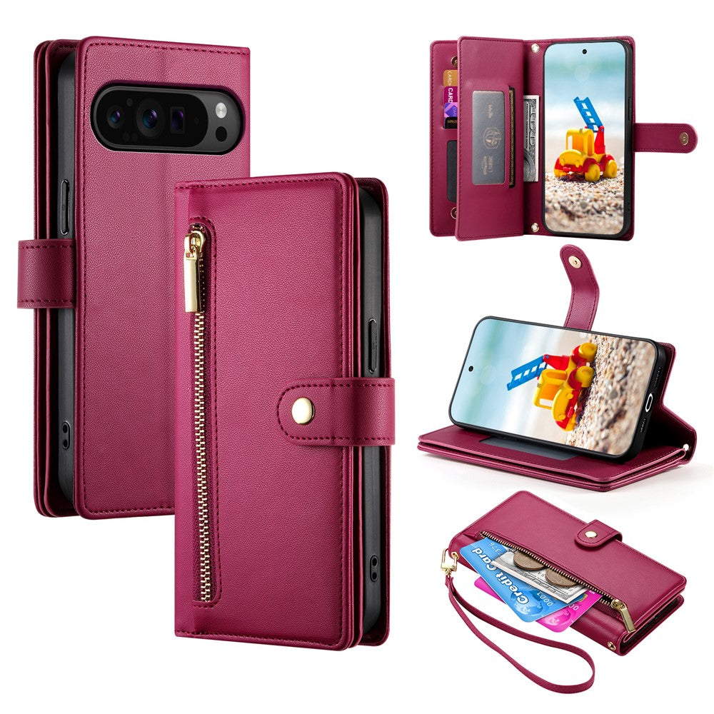 For Google Pixel 11 Pro XL Leather Case Zipper Pocket Wallet Phone Cover with Straps