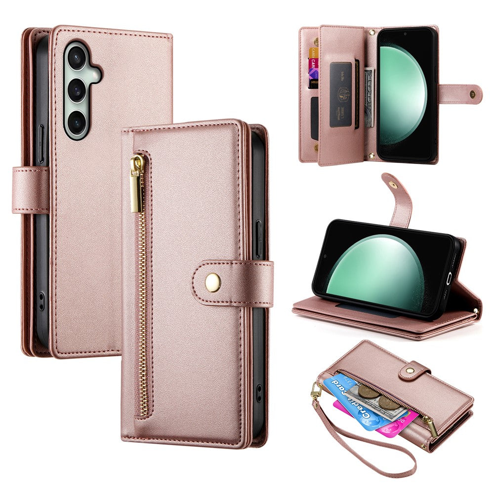 For Samsung Galaxy S26 FE Leather Case Zipper Pocket Wallet Phone Cover with Straps