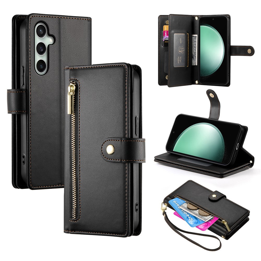 For Samsung Galaxy S26 FE Leather Case Zipper Pocket Wallet Phone Cover with Straps