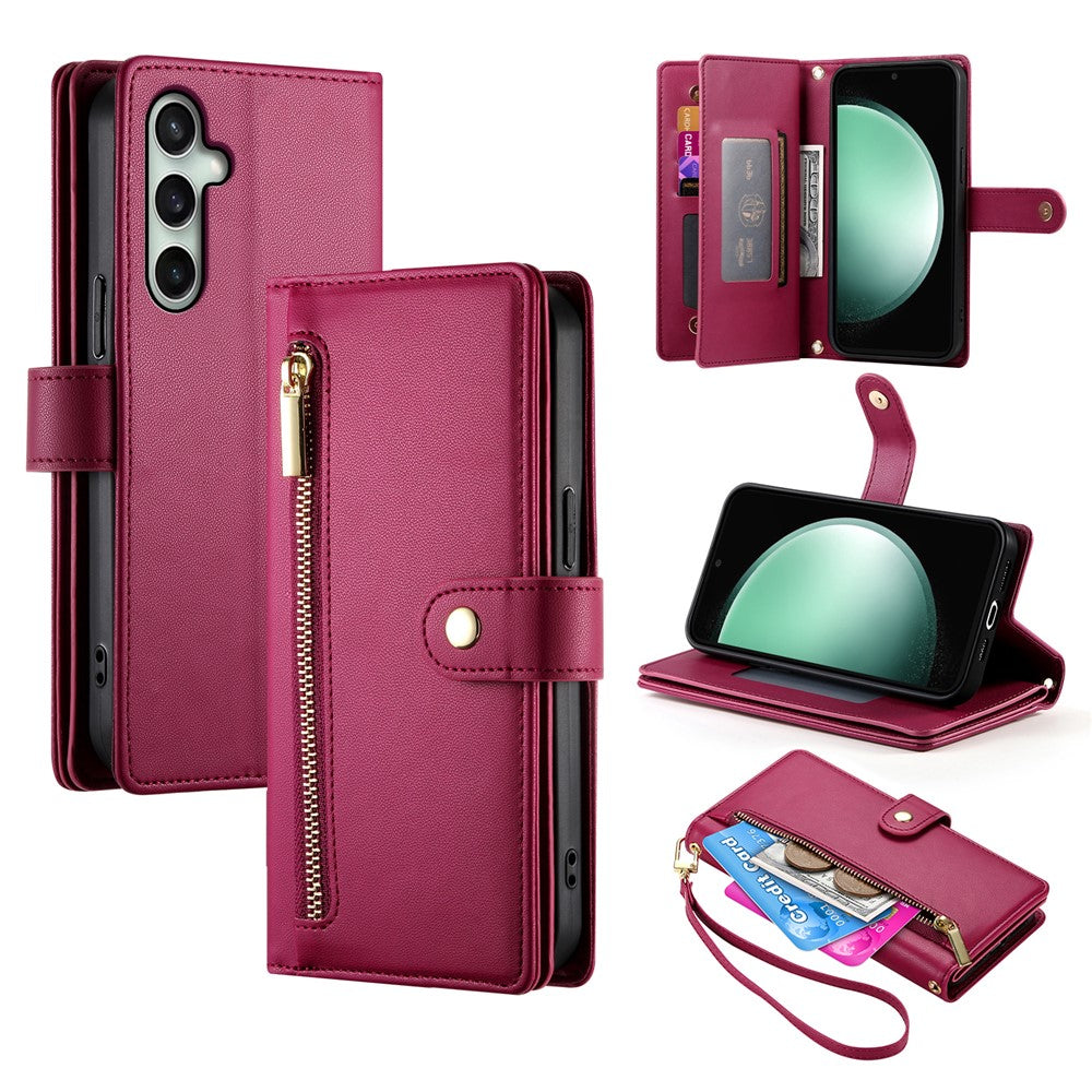 For Samsung Galaxy S26 FE Leather Case Zipper Pocket Wallet Phone Cover with Straps
