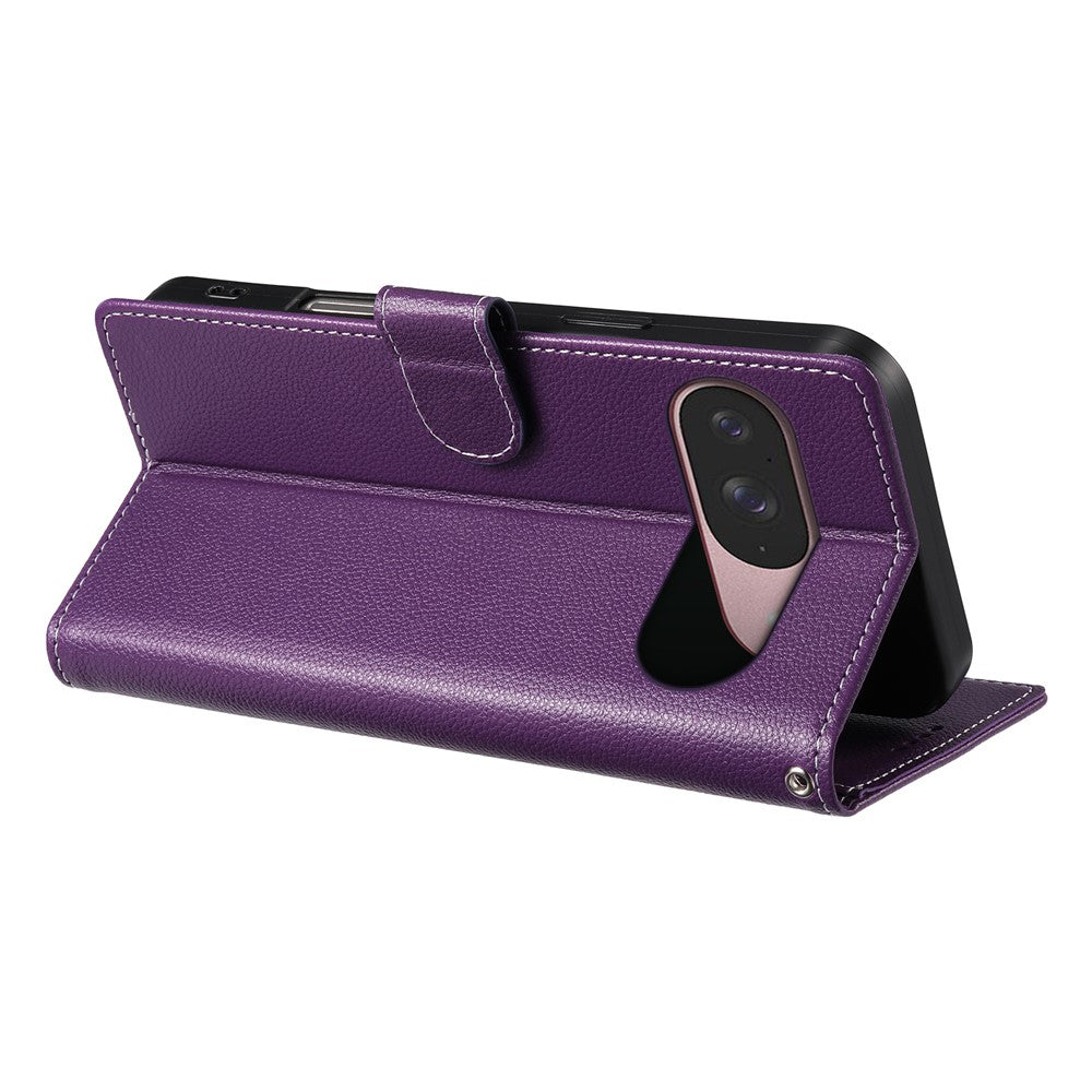 For Google Pixel 11  /  11 Pro Case Magnetic Snap Litchi Texture Leather Wallet Phone Cover with Wrist Strap