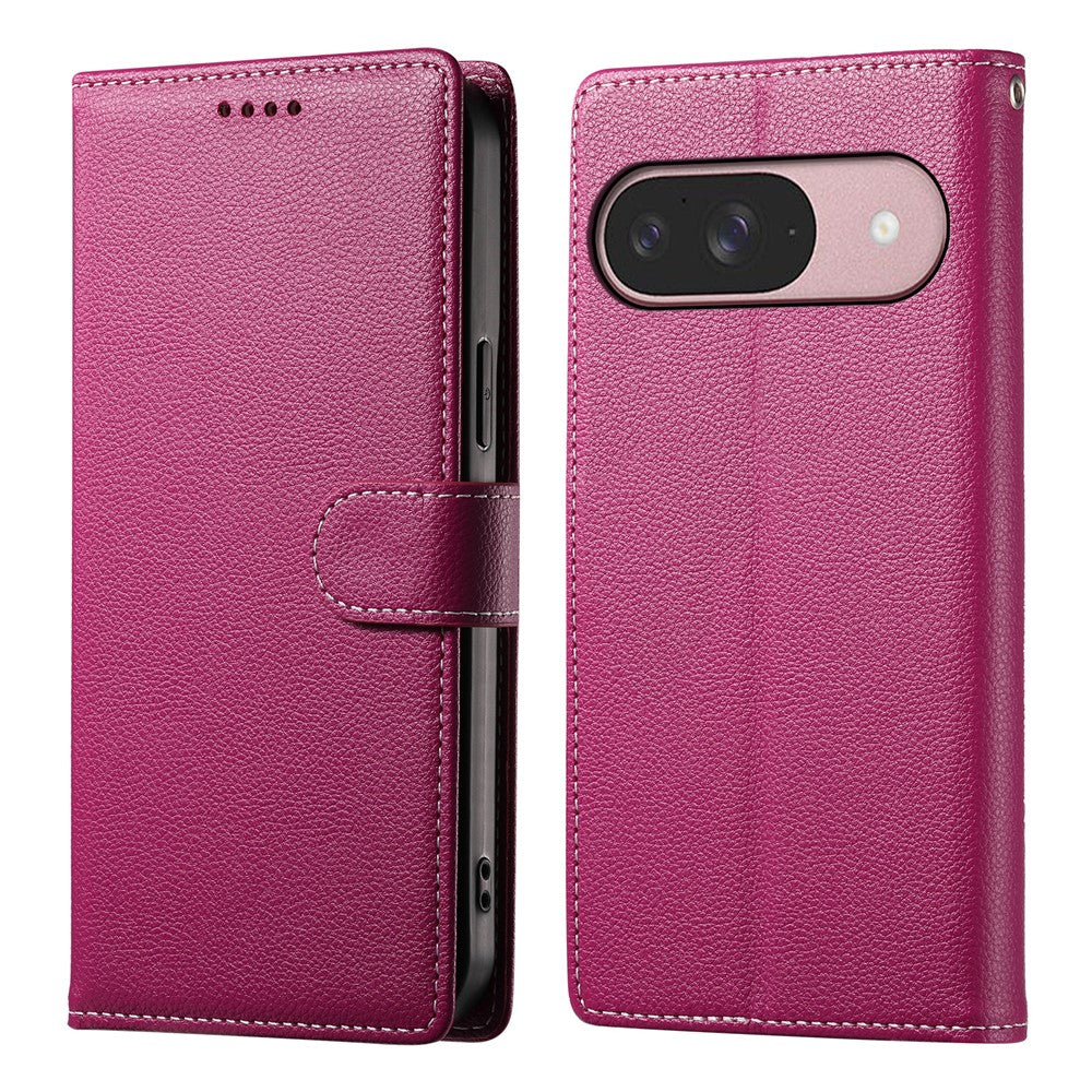 For Google Pixel 11  /  11 Pro Case Magnetic Snap Litchi Texture Leather Wallet Phone Cover with Wrist Strap