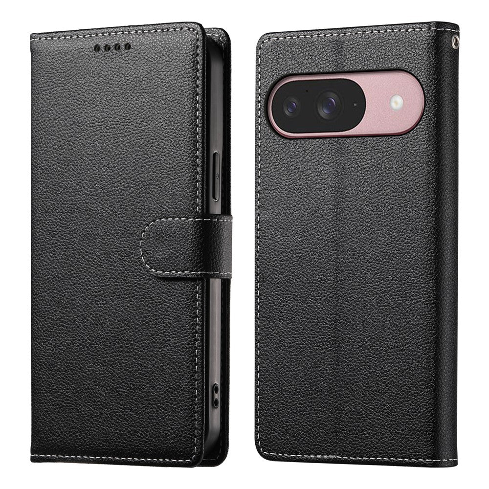 For Google Pixel 11  /  11 Pro Case Magnetic Snap Litchi Texture Leather Wallet Phone Cover with Wrist Strap