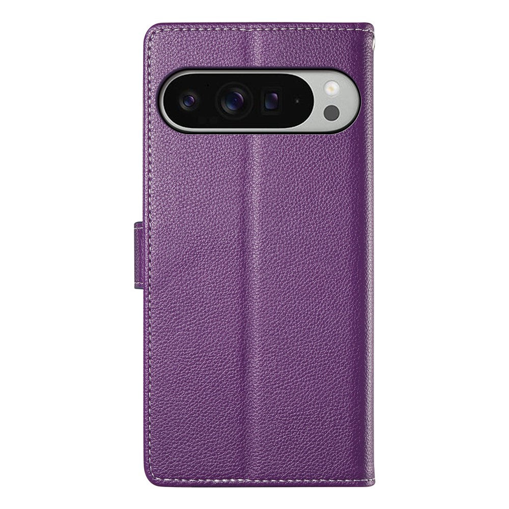 For Google Pixel 11 Pro XL Case Magnetic Snap Litchi Texture Leather Wallet Phone Cover with Wrist Strap