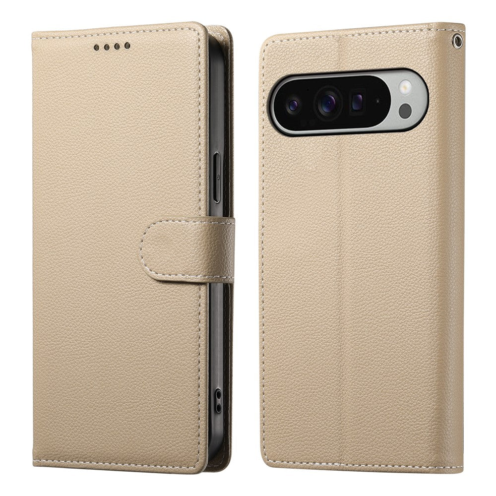 For Google Pixel 11 Pro XL Case Magnetic Snap Litchi Texture Leather Wallet Phone Cover with Wrist Strap