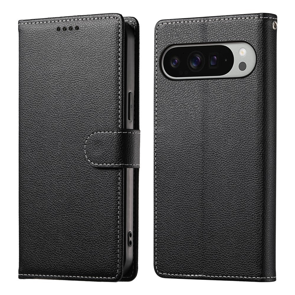 For Google Pixel 11 Pro XL Case Magnetic Snap Litchi Texture Leather Wallet Phone Cover with Wrist Strap