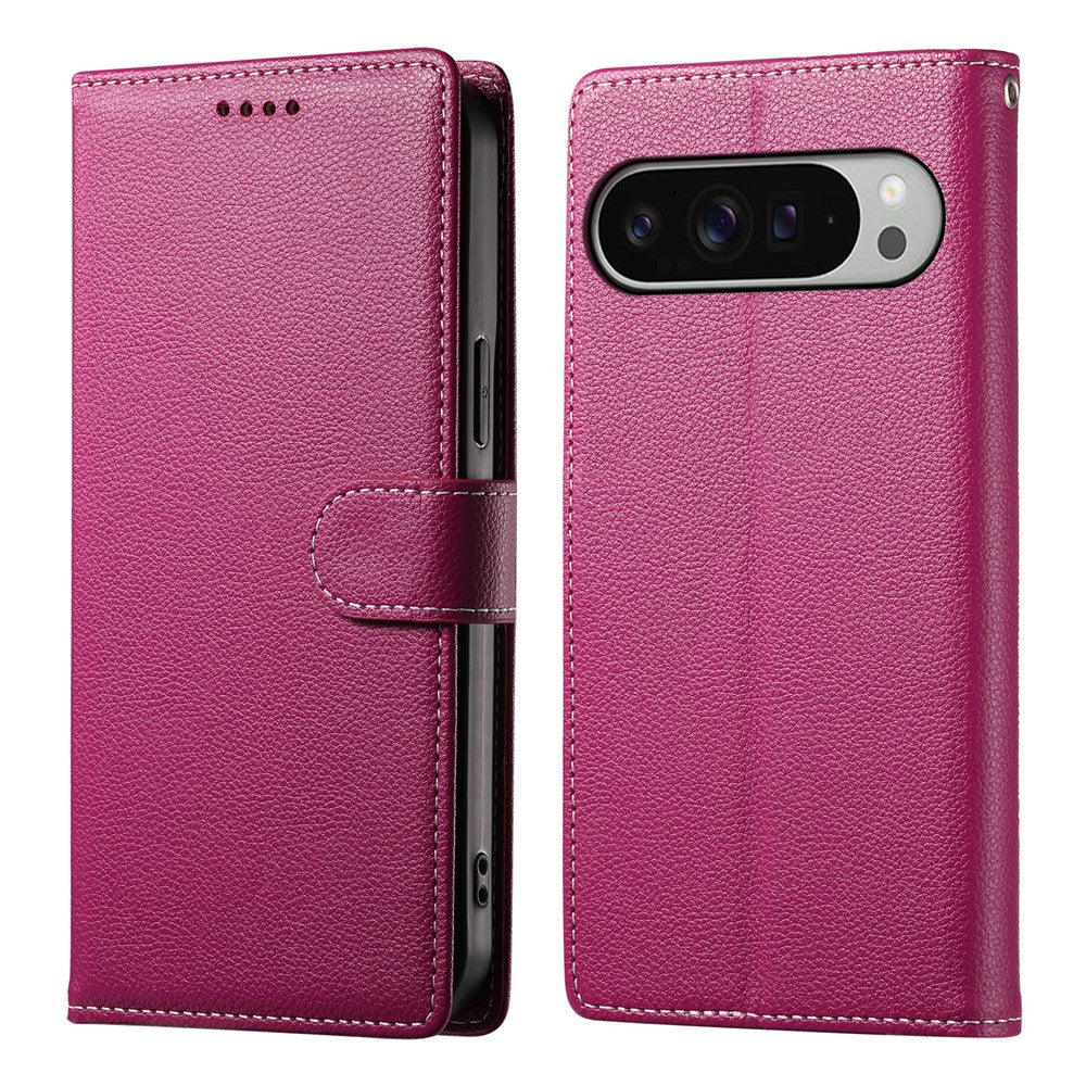 For Google Pixel 11 Pro XL Case Magnetic Snap Litchi Texture Leather Wallet Phone Cover with Wrist Strap