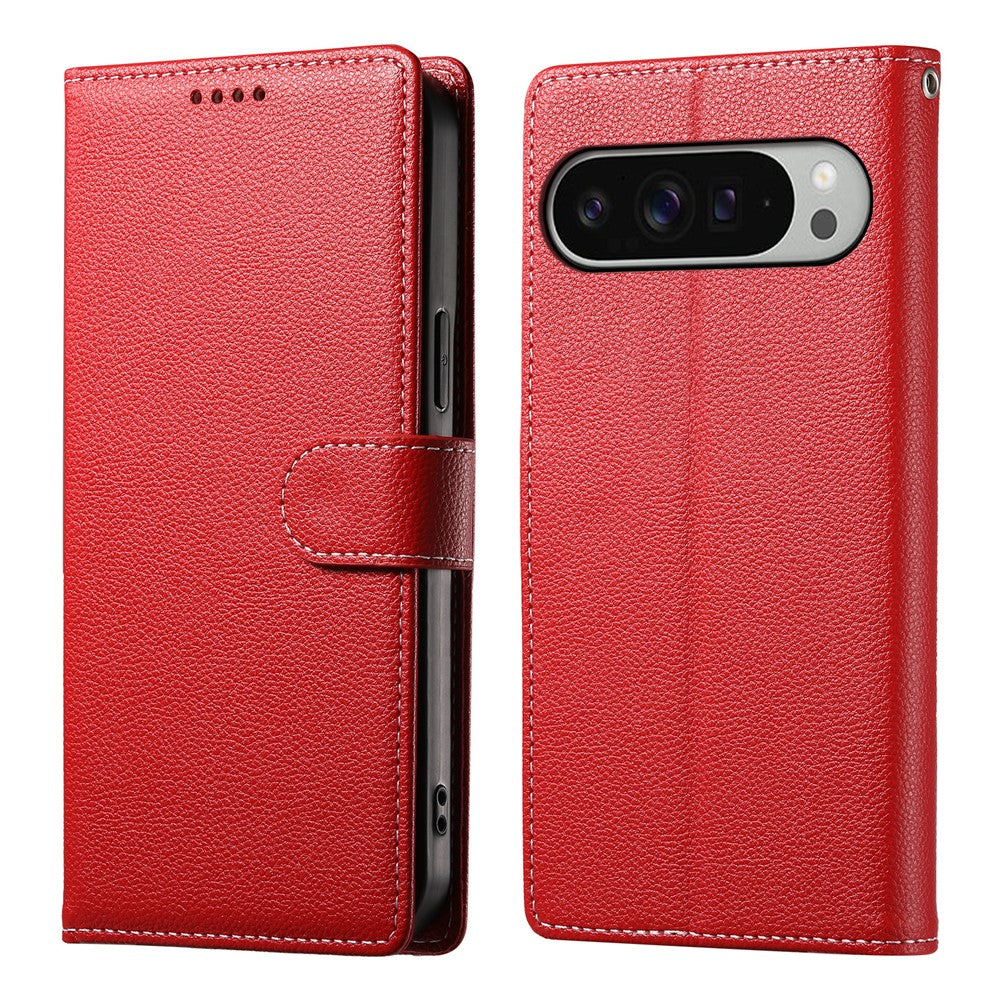 For Google Pixel 11 Pro XL Case Magnetic Snap Litchi Texture Leather Wallet Phone Cover with Wrist Strap