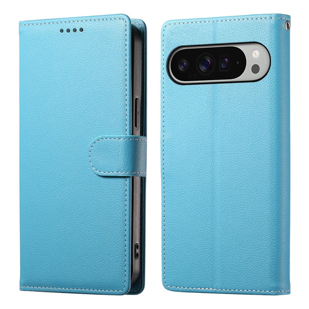 For Google Pixel 11 Pro XL Case Magnetic Snap Litchi Texture Leather Wallet Phone Cover with Wrist Strap