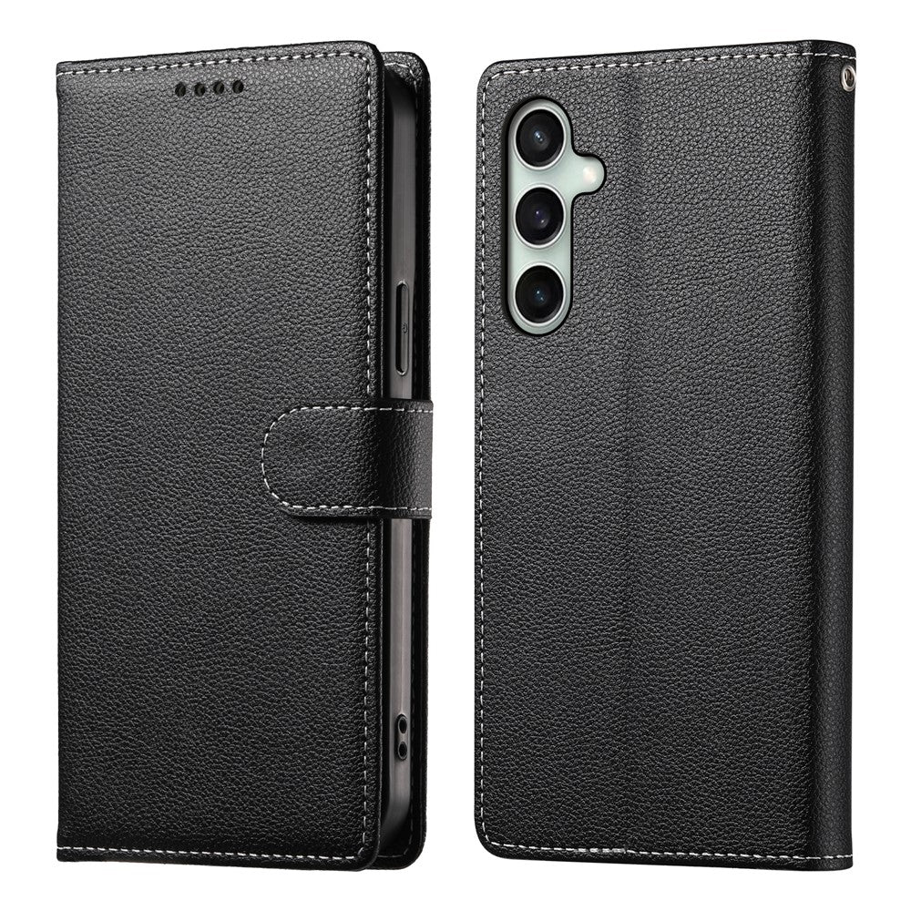 For Samsung Galaxy S26 FE Case Magnetic Snap Litchi Texture Leather Wallet Phone Cover with Wrist Strap