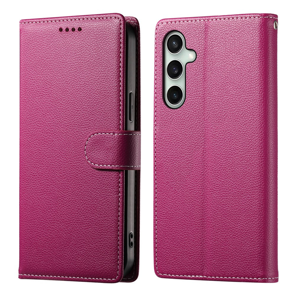 For Samsung Galaxy S26 FE Case Magnetic Snap Litchi Texture Leather Wallet Phone Cover with Wrist Strap