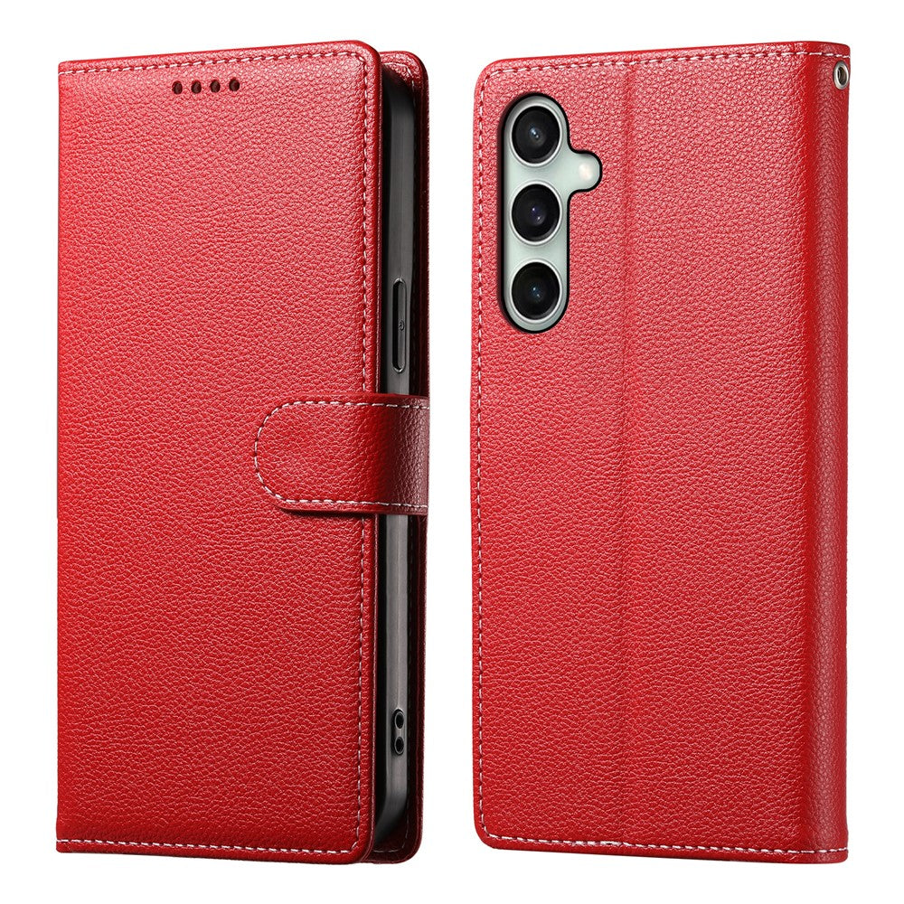 For Samsung Galaxy S26 FE Case Magnetic Snap Litchi Texture Leather Wallet Phone Cover with Wrist Strap