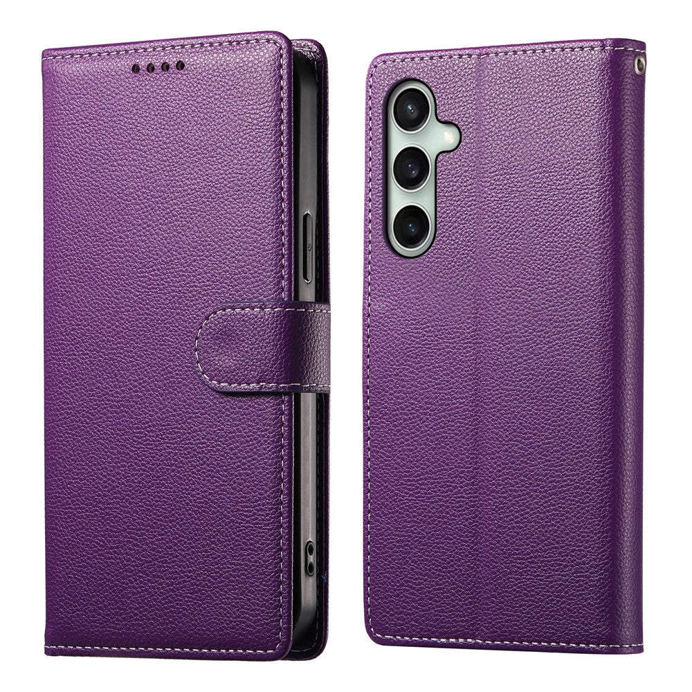 For Samsung Galaxy S26 FE Case Magnetic Snap Litchi Texture Leather Wallet Phone Cover with Wrist Strap