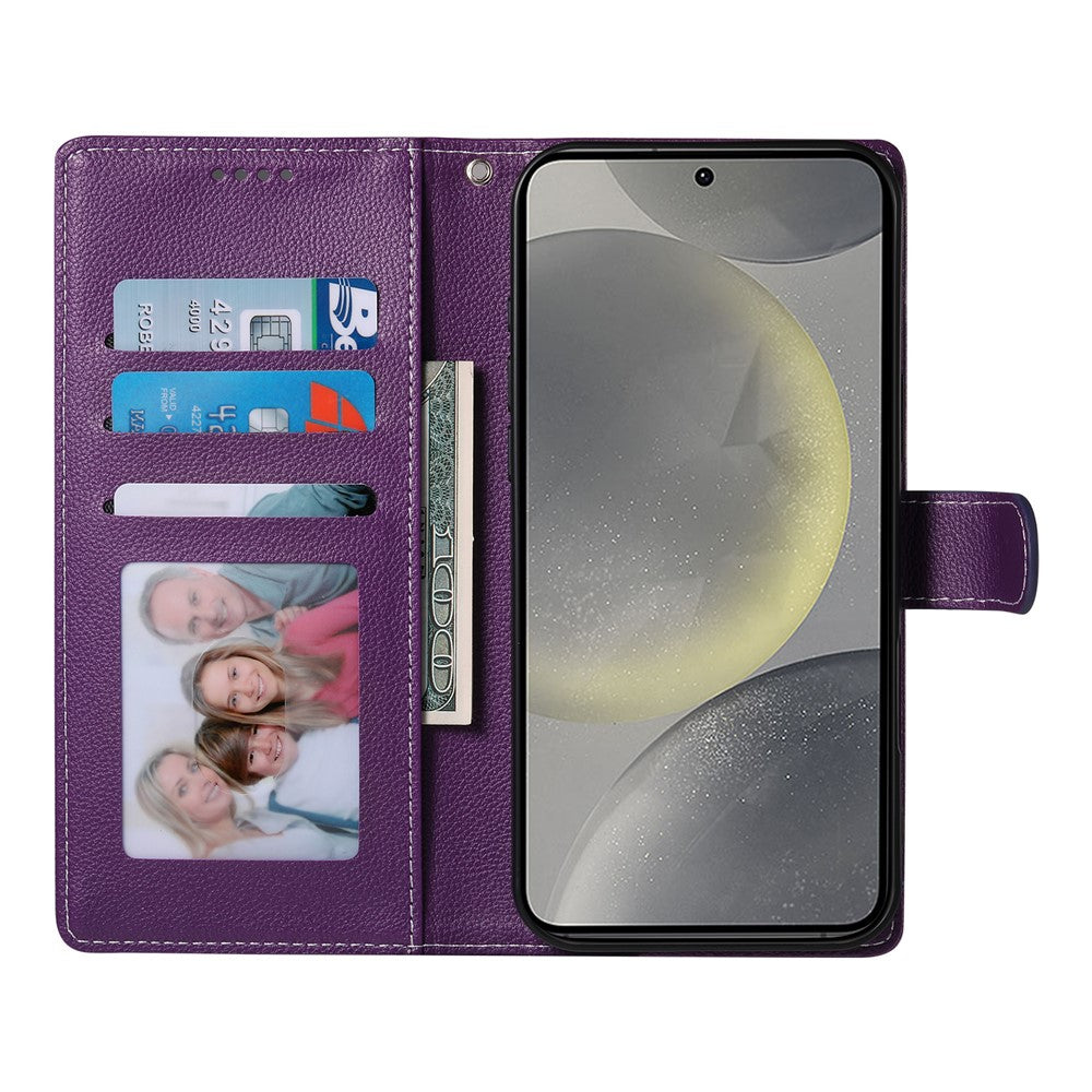 For Samsung Galaxy S26 FE Case Magnetic Snap Litchi Texture Leather Wallet Phone Cover with Wrist Strap