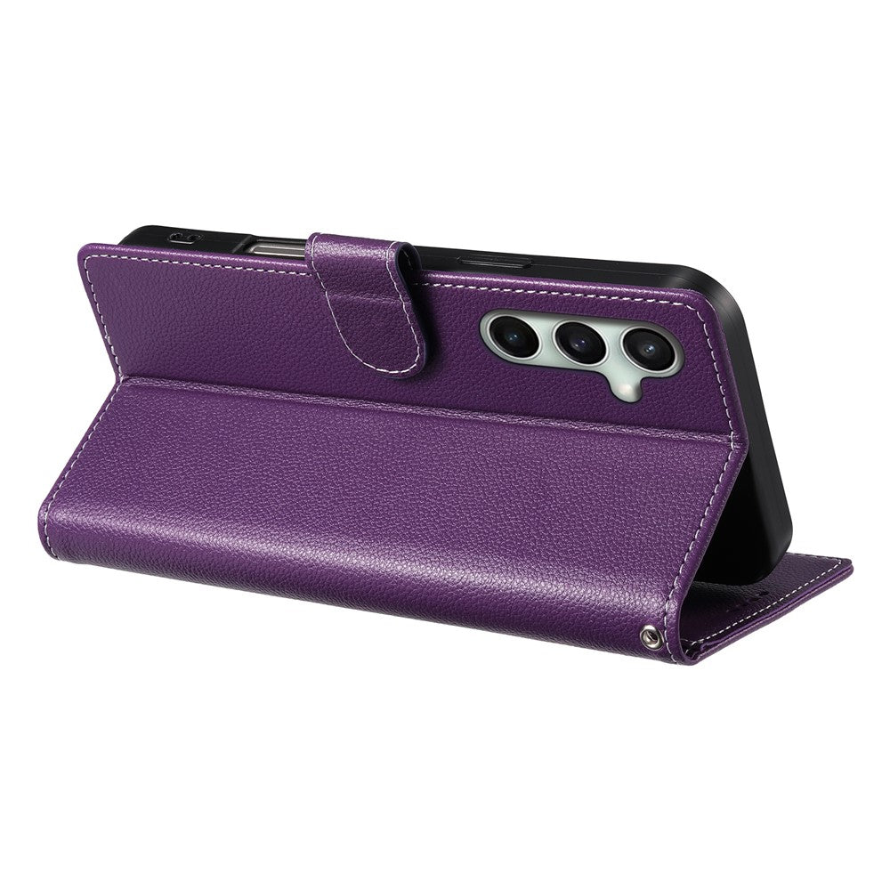 For Samsung Galaxy S26 FE Case Magnetic Snap Litchi Texture Leather Wallet Phone Cover with Wrist Strap