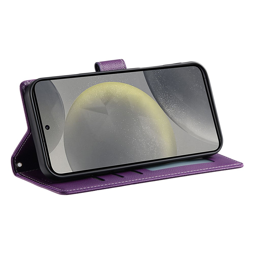 For Samsung Galaxy S26 FE Case Magnetic Snap Litchi Texture Leather Wallet Phone Cover with Wrist Strap