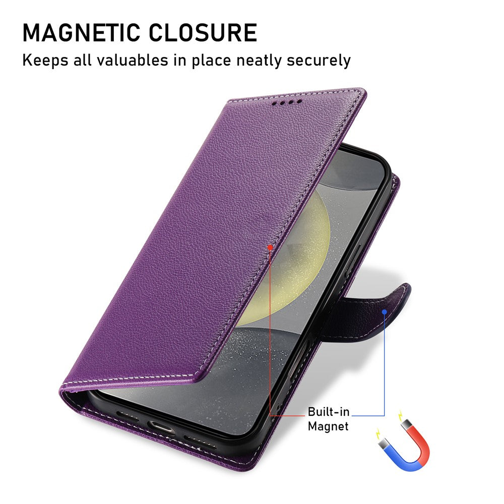 For Samsung Galaxy S26 FE Case Magnetic Snap Litchi Texture Leather Wallet Phone Cover with Wrist Strap