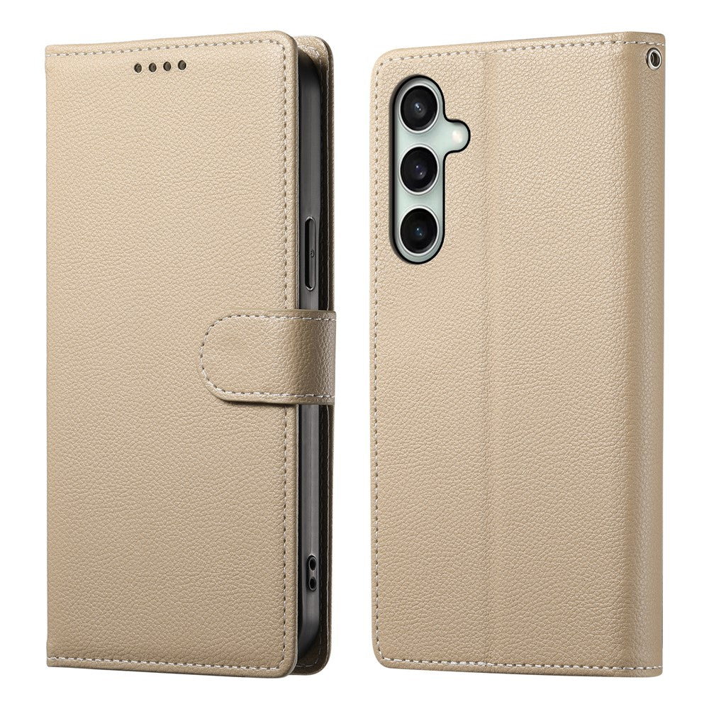 For Samsung Galaxy S26 FE Case Magnetic Snap Litchi Texture Leather Wallet Phone Cover with Wrist Strap