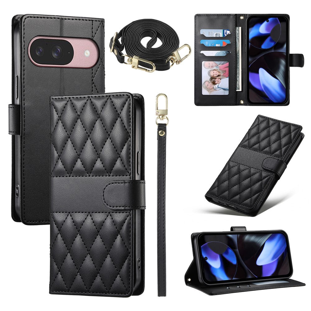 For Google Pixel 11  /  11 Pro Wallet Case Rhombus Stitching Stand Leather Phone Cover with Long   /   Short Strap