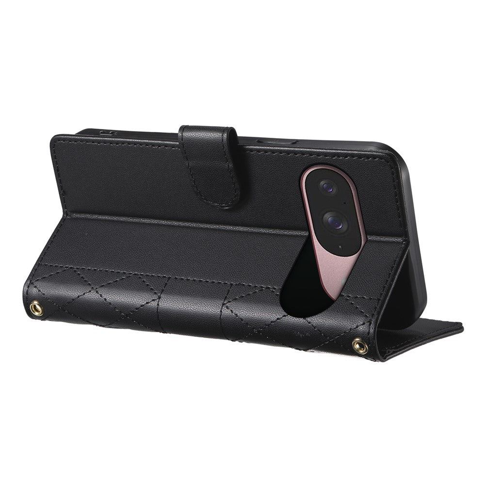 For Google Pixel 11  /  11 Pro Wallet Case Rhombus Stitching Stand Leather Phone Cover with Long   /   Short Strap