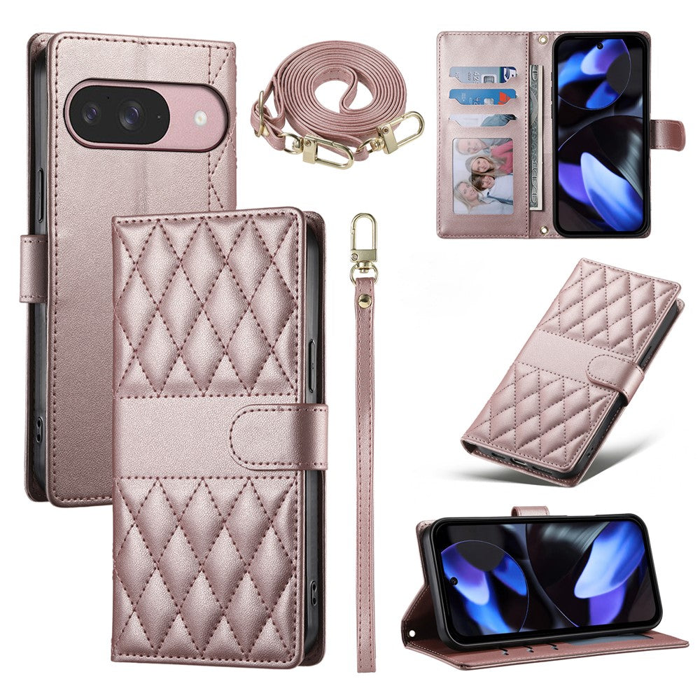 For Google Pixel 11  /  11 Pro Wallet Case Rhombus Stitching Stand Leather Phone Cover with Long   /   Short Strap