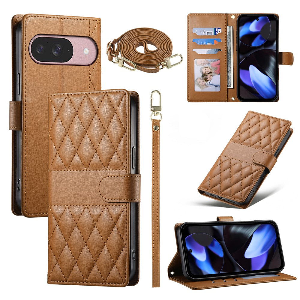 For Google Pixel 11  /  11 Pro Wallet Case Rhombus Stitching Stand Leather Phone Cover with Long   /   Short Strap