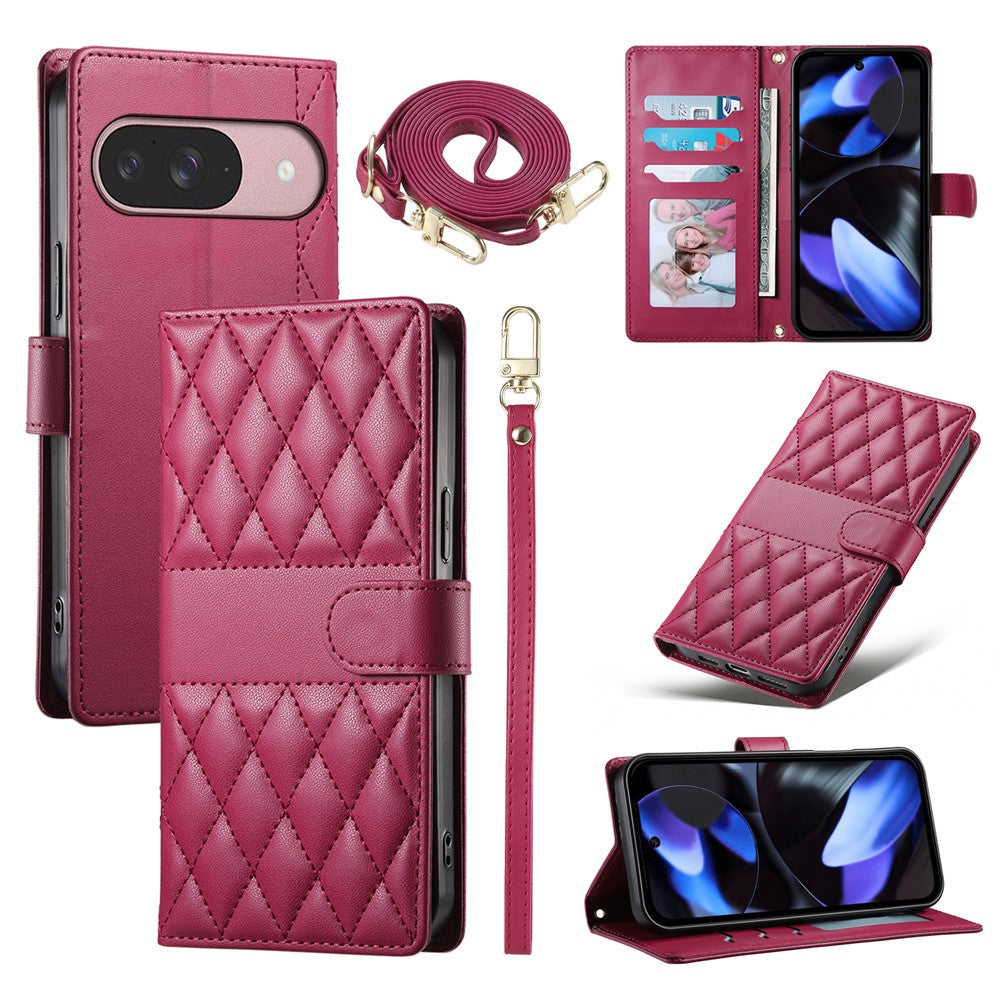 For Google Pixel 11  /  11 Pro Wallet Case Rhombus Stitching Stand Leather Phone Cover with Long   /   Short Strap