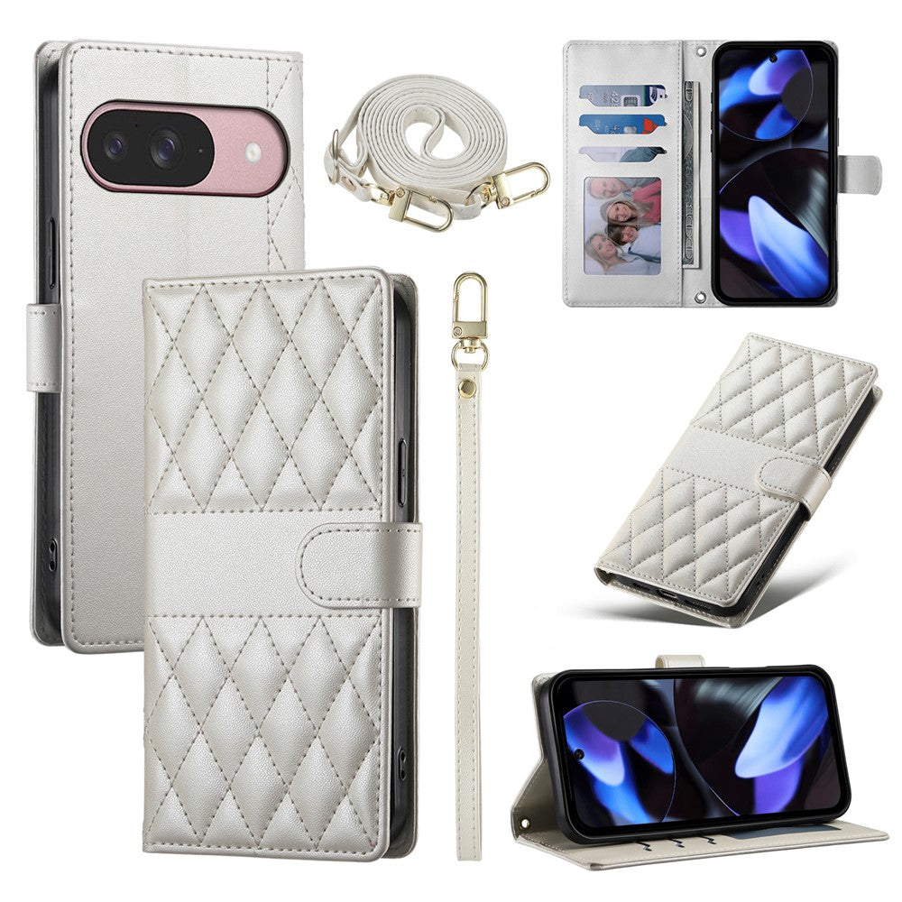 For Google Pixel 11  /  11 Pro Wallet Case Rhombus Stitching Stand Leather Phone Cover with Long   /   Short Strap