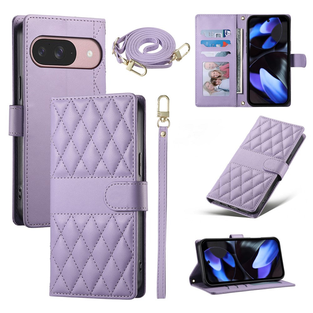 For Google Pixel 11  /  11 Pro Wallet Case Rhombus Stitching Stand Leather Phone Cover with Long   /   Short Strap