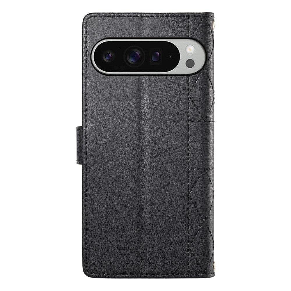 For Google Pixel 11 Pro XL Wallet Case Rhombus Stitching Stand Leather Phone Cover with Long   /   Short Strap